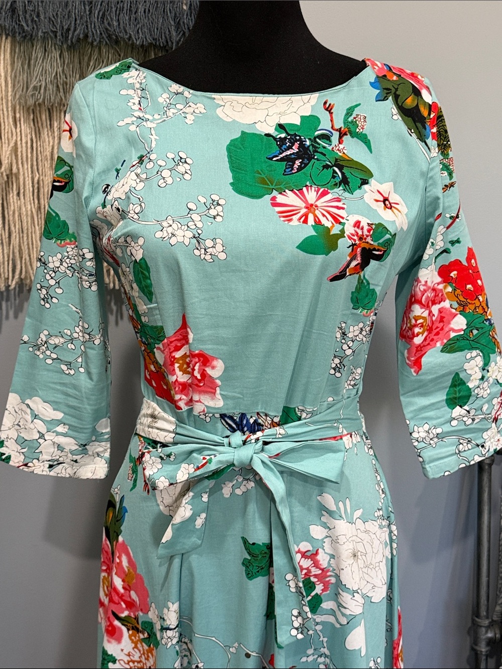 Vintage Inspired 50s Floral Swing Dress Tie Waist Large - Picture 4 of 11